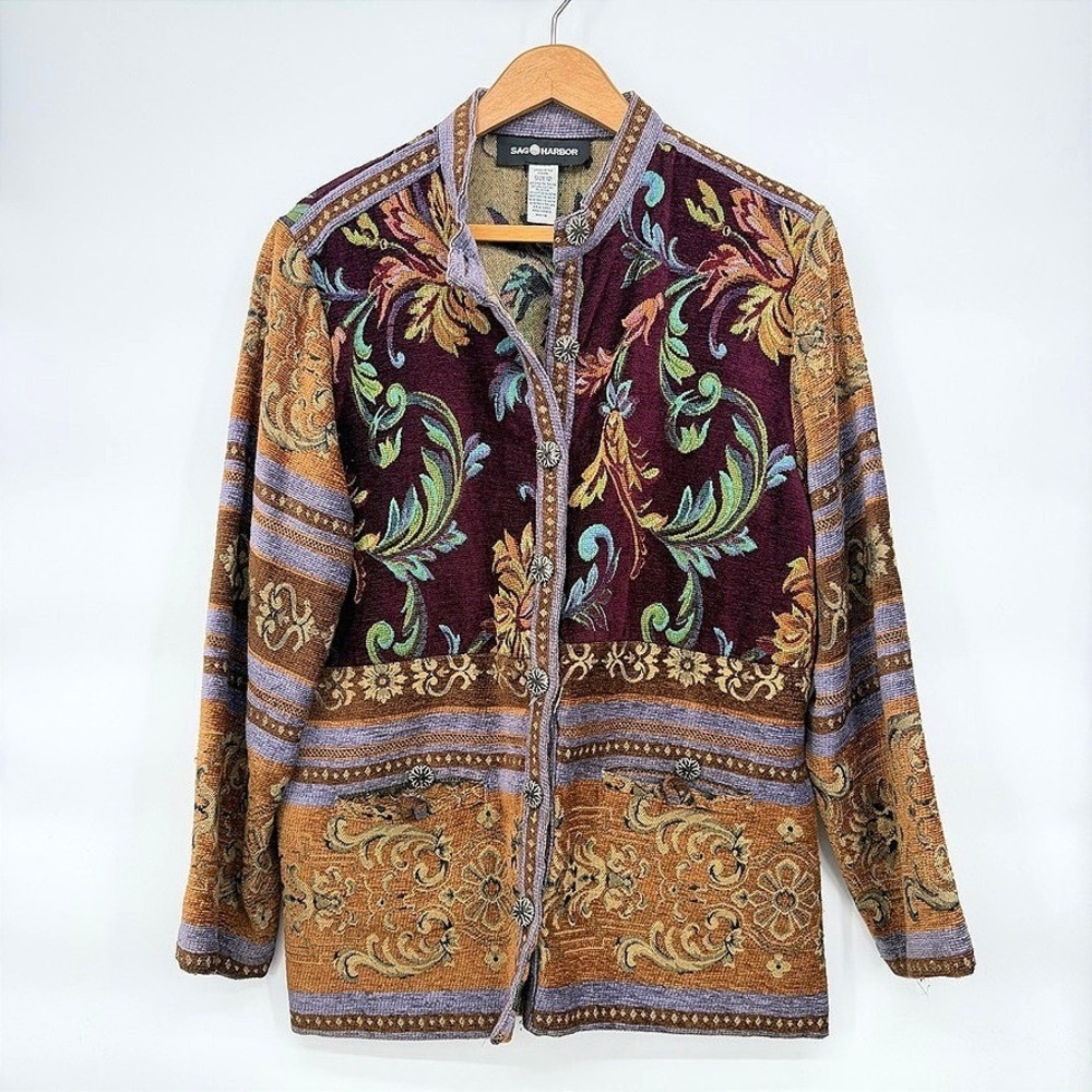 Sag Harbor Tapestry Jacket Floral Chenille Button Up Vintage Boho Size 12